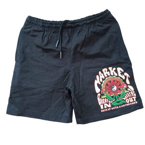 Market Breathwork Black Graphic Print Drawstring Elastic Waist Men's Shorts L